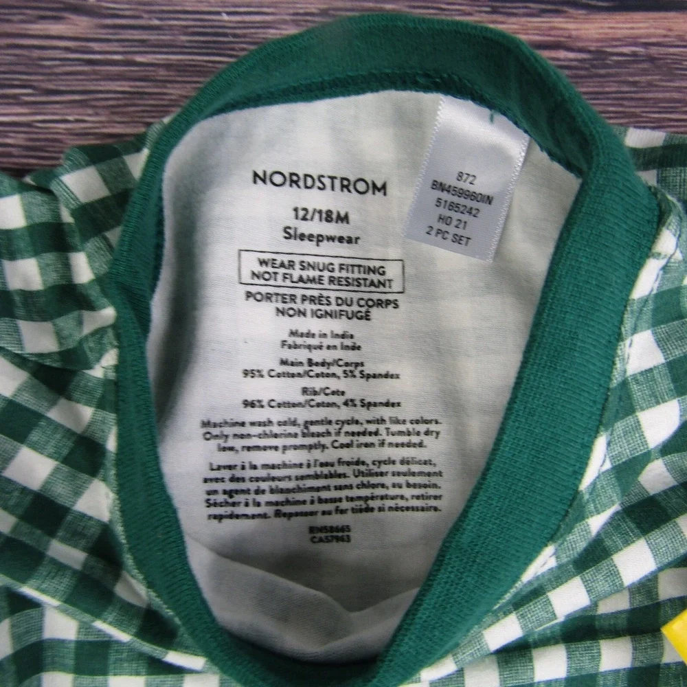 Nordstrom NEW NWT Baby 12M/18M Green White Gingham Pajama Set Christmas